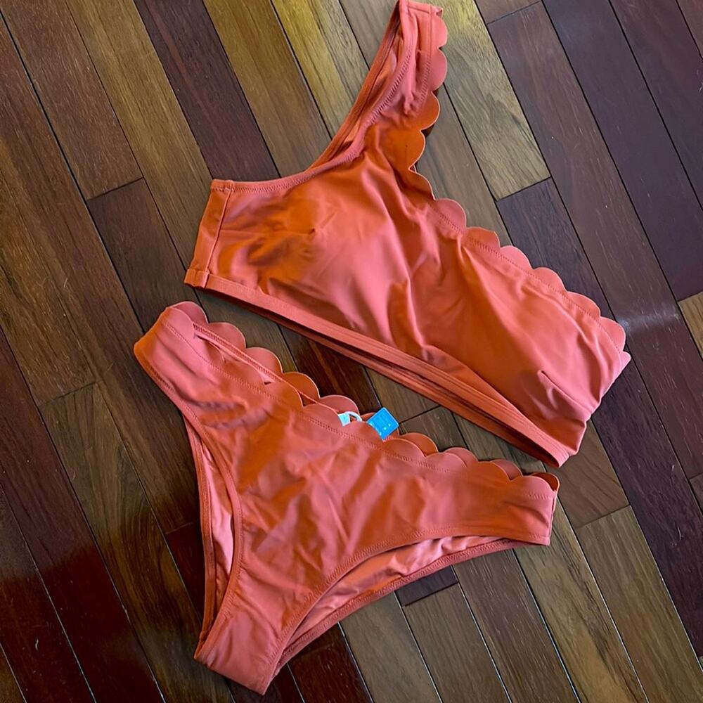 NEW Cupshe Miss the Past Bikini Orange Scalloped One Shoulder Summer Vacation XL
